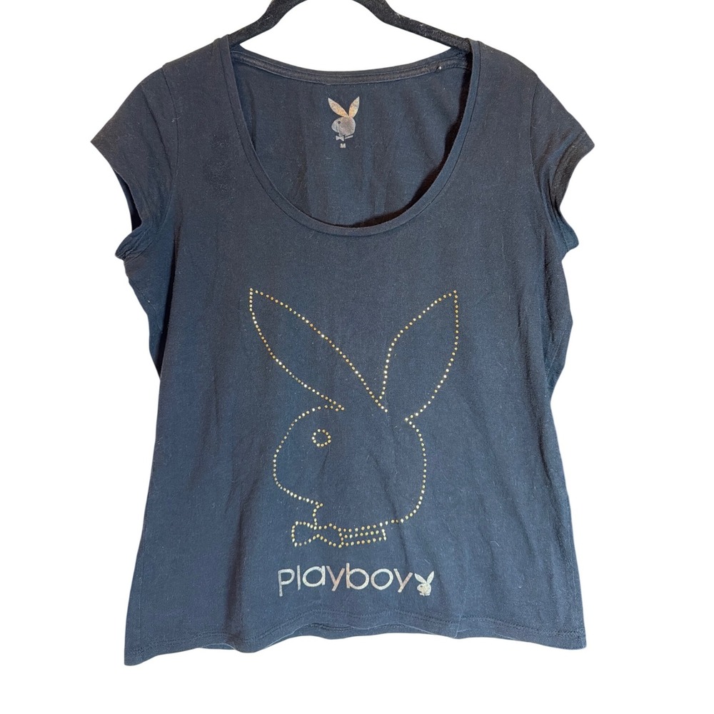 Playboy Womens Black Studded Bunny Logo Graphic T-Shirt Scoop Neck Medium Y2k